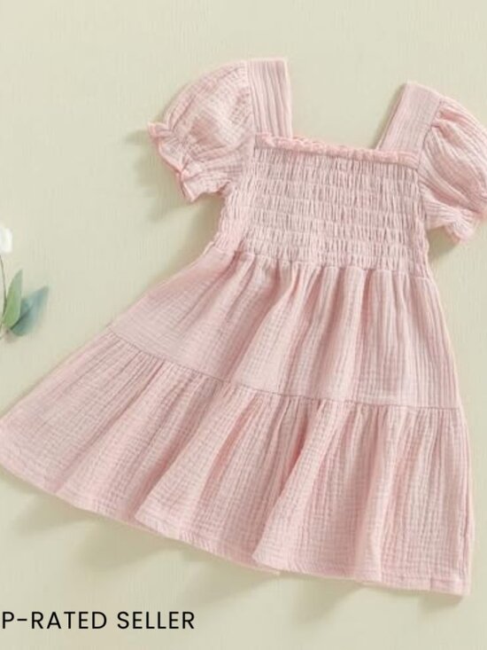 Boho Smocked Puff Sleeve Toddler Dress Cotton Blend A-Line Princess Casual - Picture 6 of 7